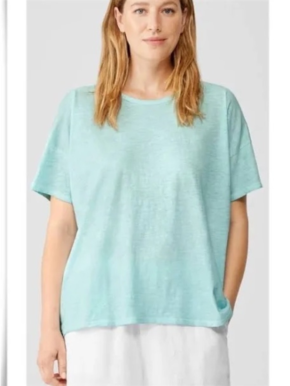 EILEEN FISHER • Organic Linen Jersey Crew Neck Tee aqua turquoise Large
